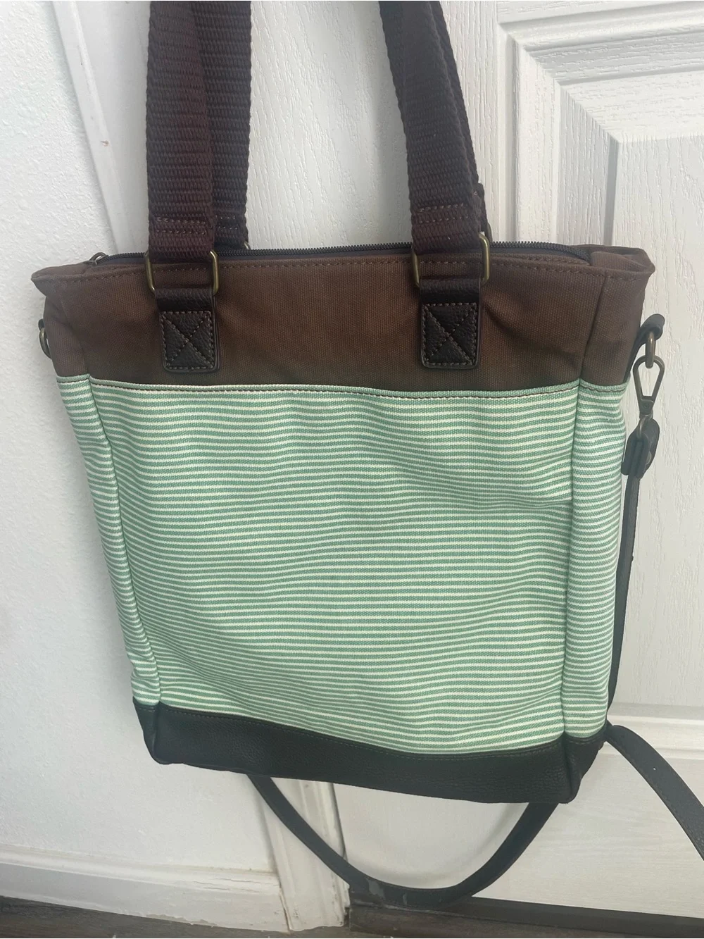 Chala Brown & Teal Turtle Appliqué Strip-Pattern Tote